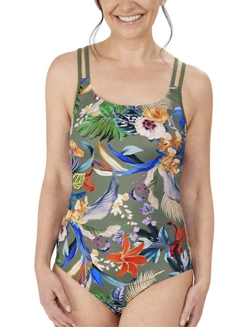 Maillot de bain une pièce nageur Krabi imprimé vert olive Amoena devant