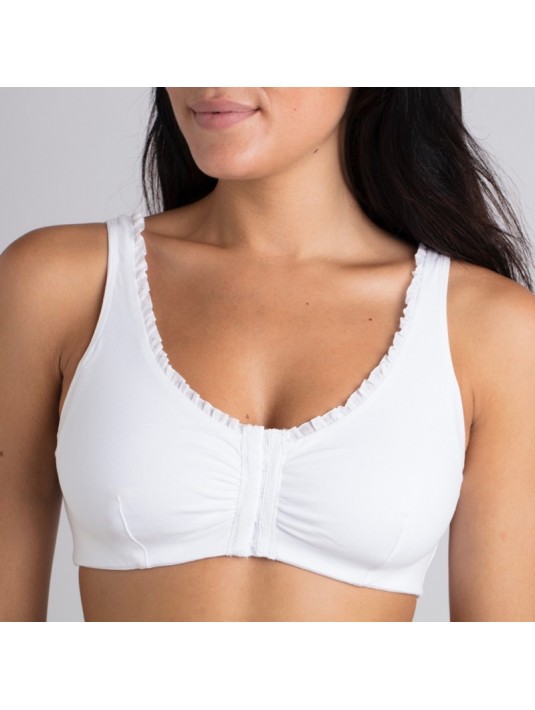 Brassière en Coton Bio Lison Blanc pour prothèse mammaire avec volants Coeur de Lys Brassière en Coton Bio Lison Blanc pour prothèse mammaire avec volants Coeur de Lys