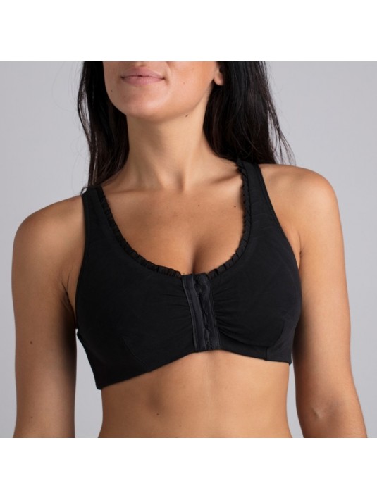Brassière en Coton Bio Lison Noir pour prothèse mammaire avec volants Coeur de Lys Brassière en Coton Bio Lison Noir pour prothèse mammaire avec volants Coeur de Lys