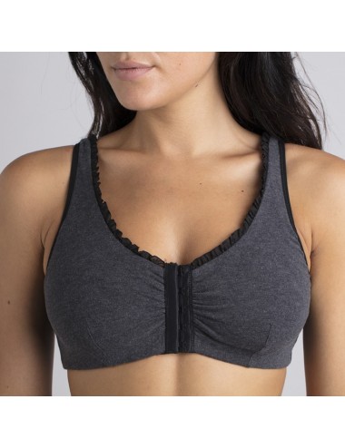 Brassière en Coton Bio Lison Gris pour prothèse mammaire avec volants Coeur de Lys