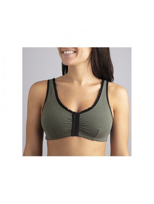 Brassière en Coton Bio Lison Kaki pour prothèse mammaire avec volants Coeur de Lys Brassière en Coton Bio Lison Kaki pour prothèse mammaire avec volants Coeur de Lys