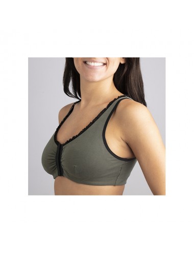 Brassière en Coton Bio Lison Kaki pour prothèse mammaire avec volants Coeur de Lys