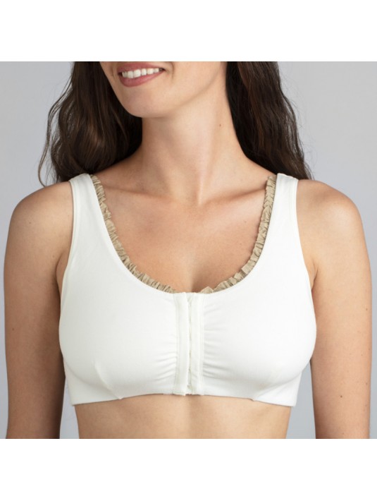 Brassière en Coton Bio Lison Ivoire pour prothèse mammaire avec volants Coeur de Lys Brassière en Coton Bio Lison Ivoire pour prothèse mammaire avec volants Coeur de Lys