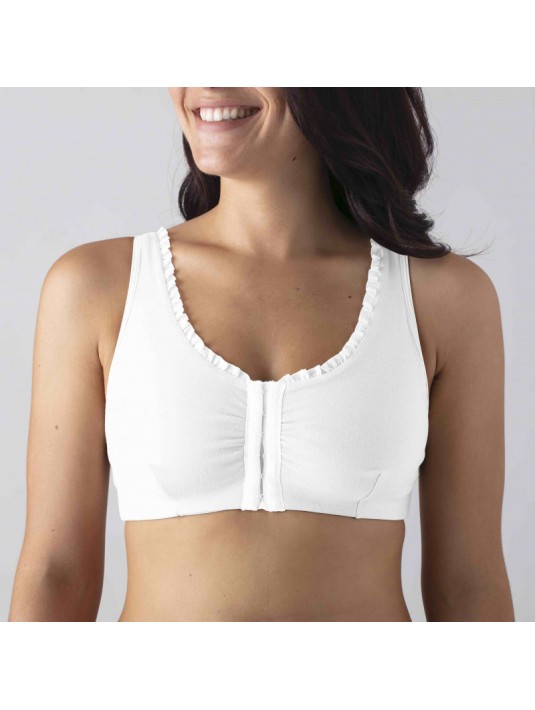 Brassière en Coton Bio Lison Blanc pour prothèse mammaire avec volants et bretelles réglables Coeur de Lys Brassière en Coton Bio Lison Blanc pour prothèse mammaire avec volants et bretelles réglables Coeur de Lys