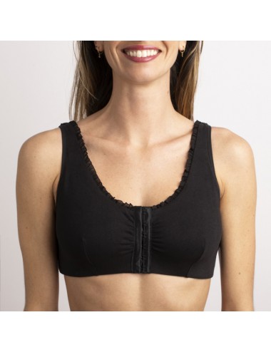 Brassière en Coton Bio Lison Noir pour prothèse mammaire avec volants et bretelles réglables Coeur de Lys